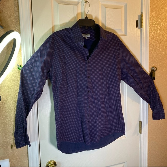 Express Mens L LARGE 16-16 1/2 Dress Shirt Button Down Floral Fitted Navy Blue - Picture 1 of 11